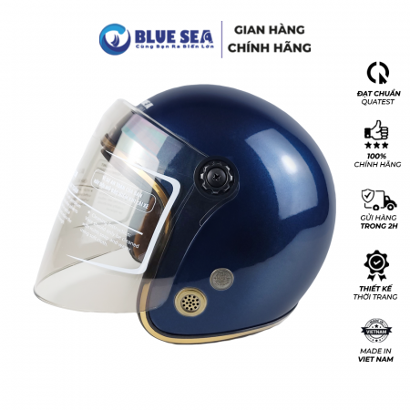 Mũ Bảo Hiểm 3/4 Đầu Có Kính Blue Sea A100K Màu Xanh Navy Bóng